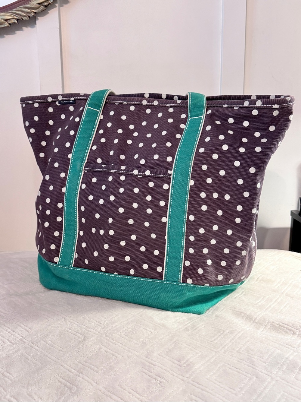 Lands End XL Canvas Tote Bag Polka Dot Vintage Heavy Duty market beach utility